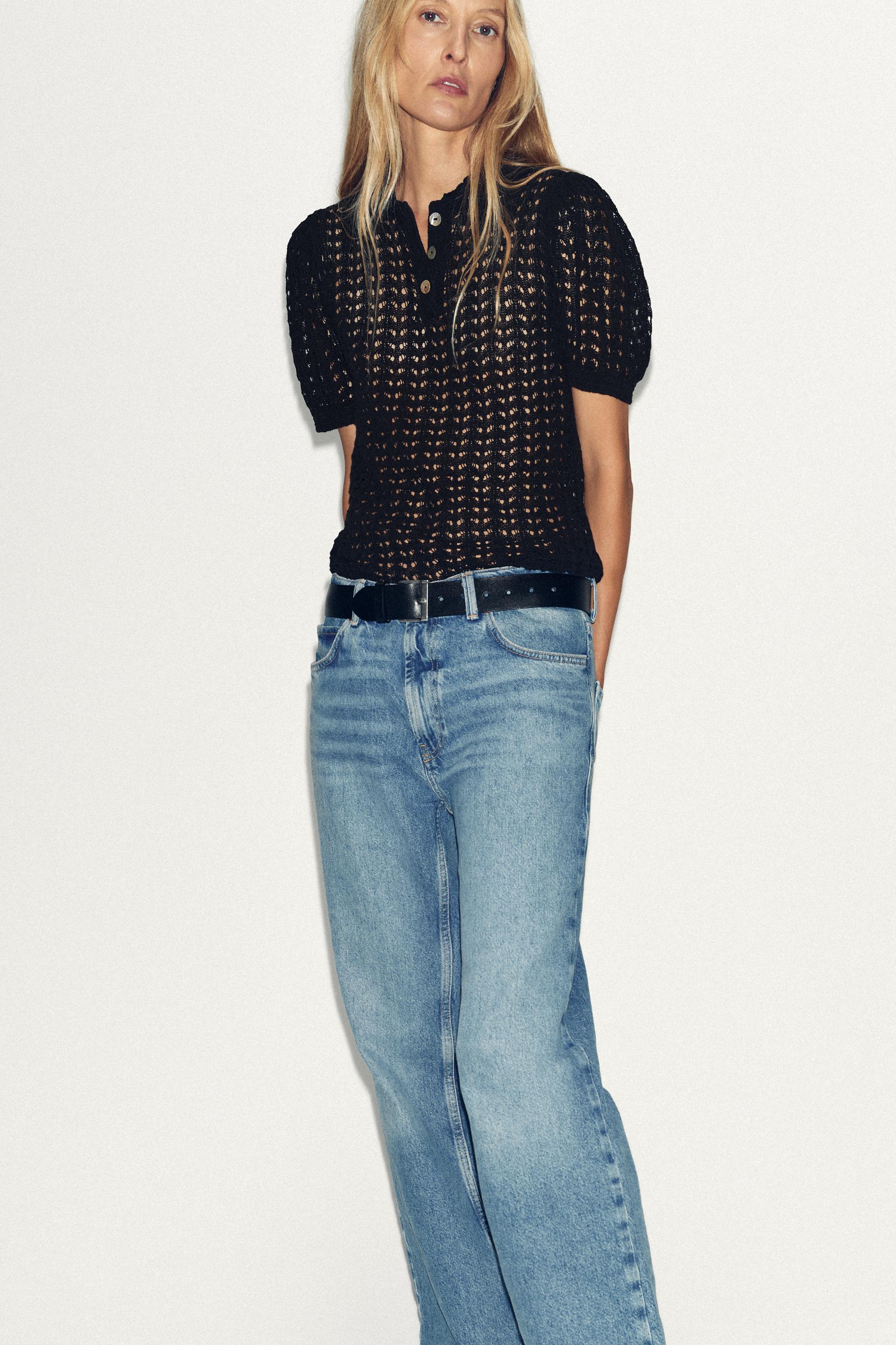 POINTELLE KNIT POLO COLLAR TOP