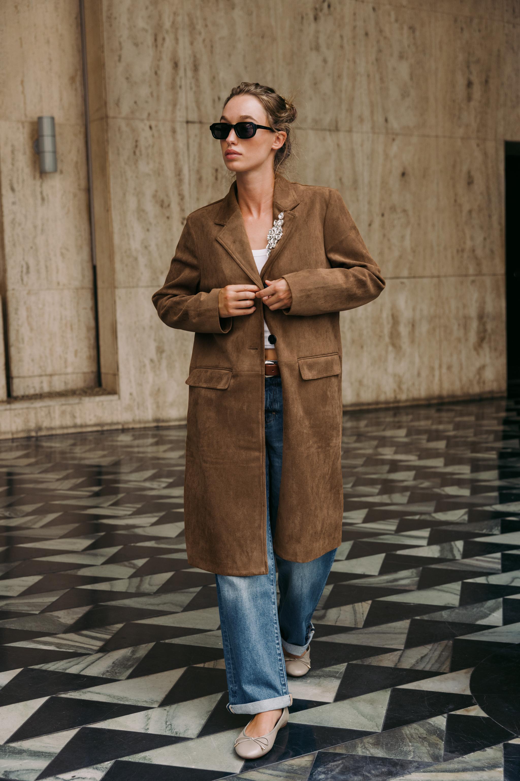 FAUX SUEDE FROCK COAT WITH BROOCH