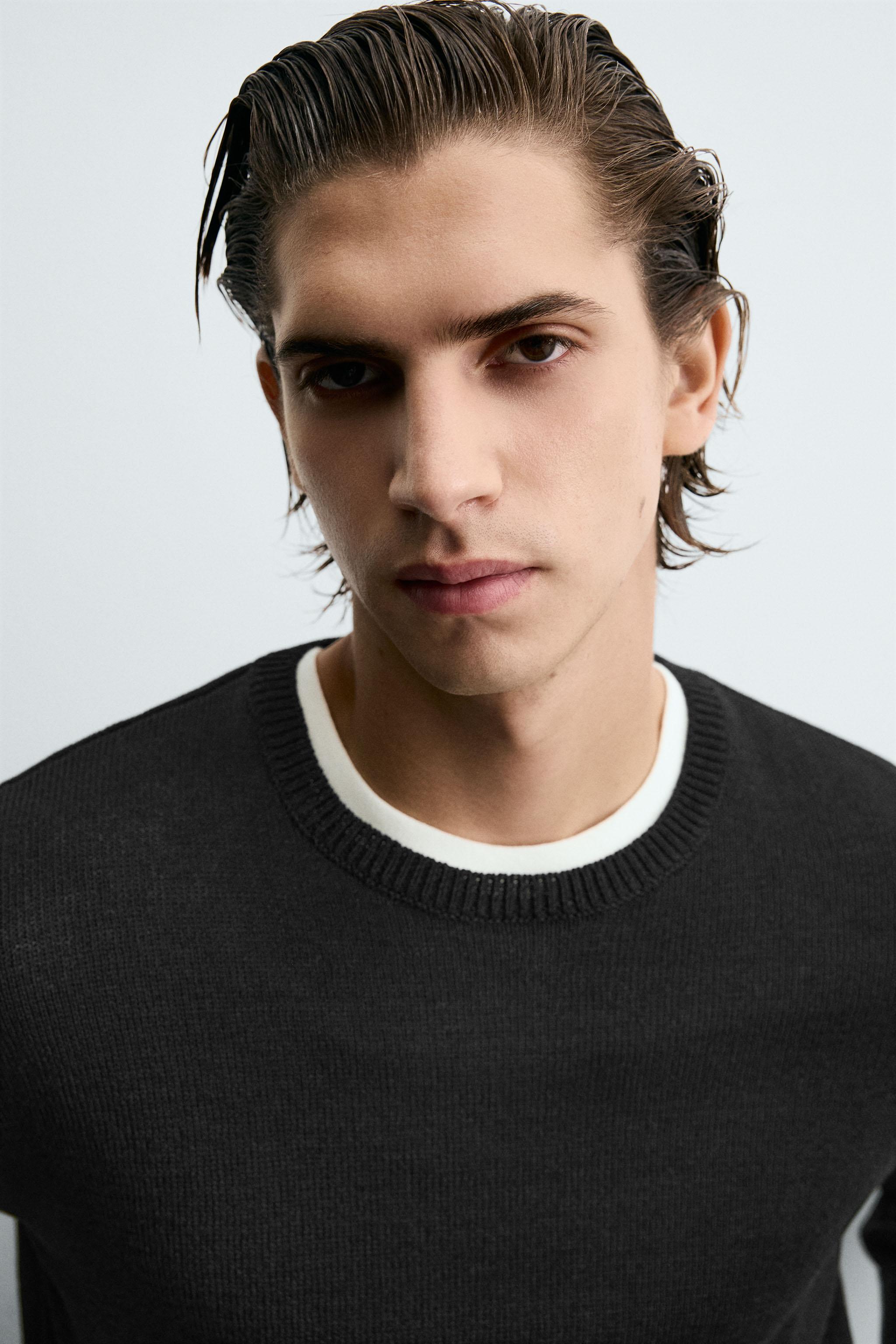 TEXTURED KNIT SWEATER WITH ROLLED TRIM