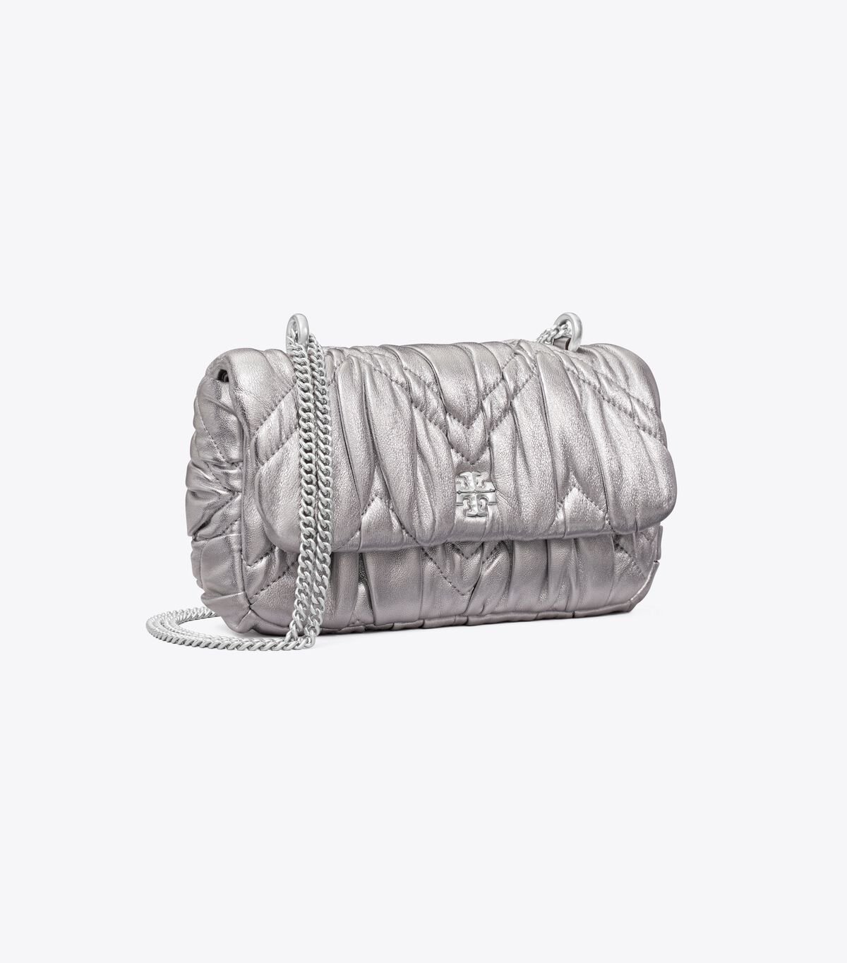 Tory Burch Silver Mini Kira Metallic Diamond Ruched Shoulder Bags