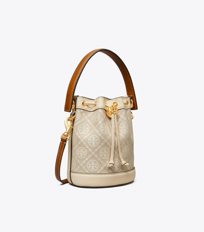 Tory Burch Beige Mini T Monogram Bucket Bags