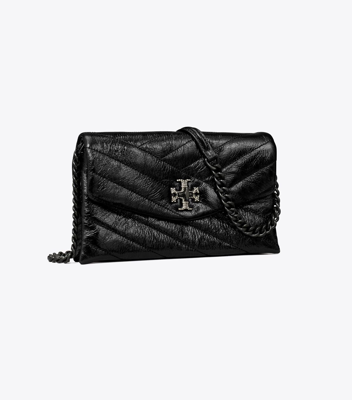 Tory Burch Black Kira Chevron Metallic Pave Logo Crossbody Bags
