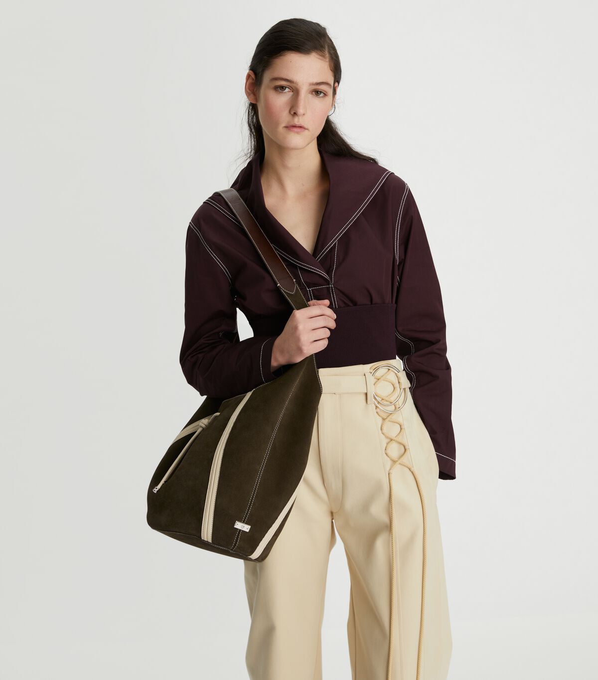 Tory Burch Maroon Spaghetti Strap Suede Large Bucket Bags