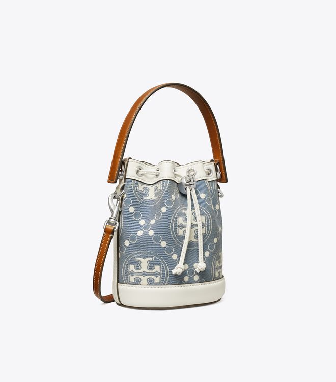 Tory Burch Blue Mini T Monogram Denim Bucket Bags