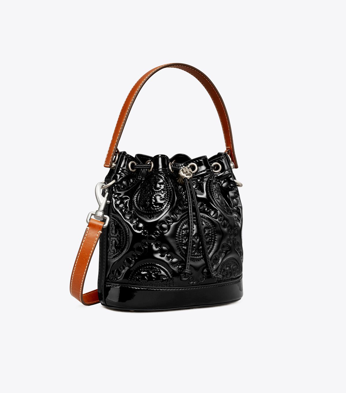 Tory Burch Black T Monogram Embroidered Patent Bucket Bags