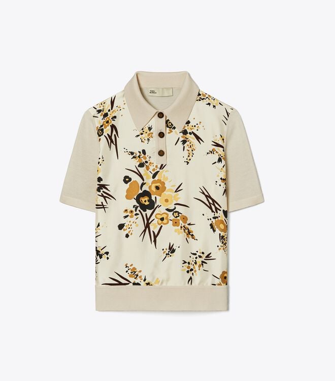 Tory Burch Cream Silk-front Polo Shirts