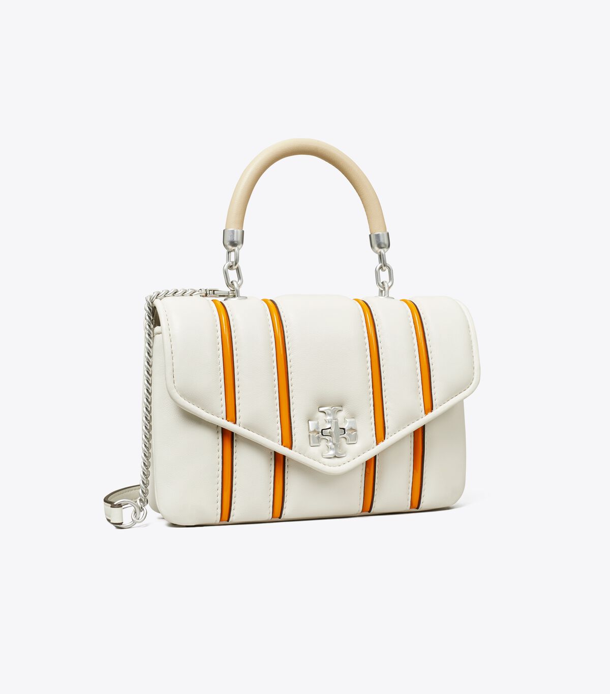 Tory Burch White / Orange Mini Kira Bombé Stripe Satchel Bags