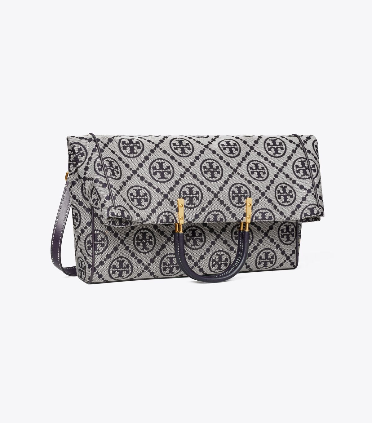 Tory Burch Navy T Monogram Jacquard Foldover Tote Bags