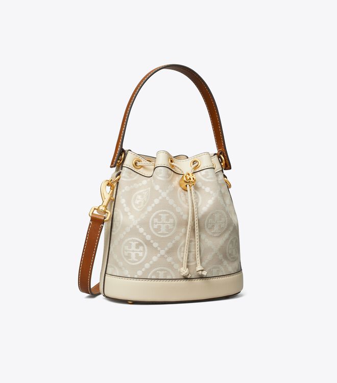 Tory Burch Beige T Monogram Bucket Bags