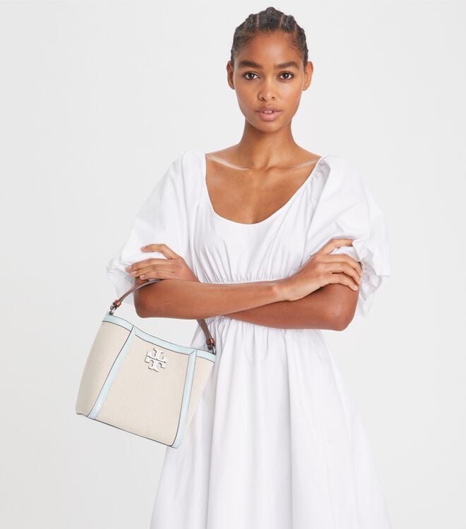 Tory Burch Beige Small Mcgraw Canvas Bucket Bags