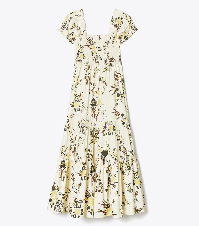 Tory Burch Cream Printed Smocked Dress
