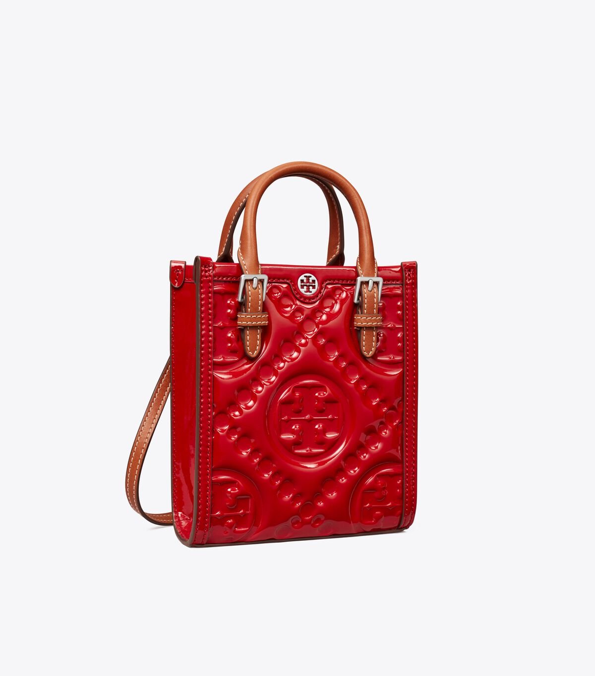 Tory Burch Red Mini T Monogram Embossed Patent Tote Bags