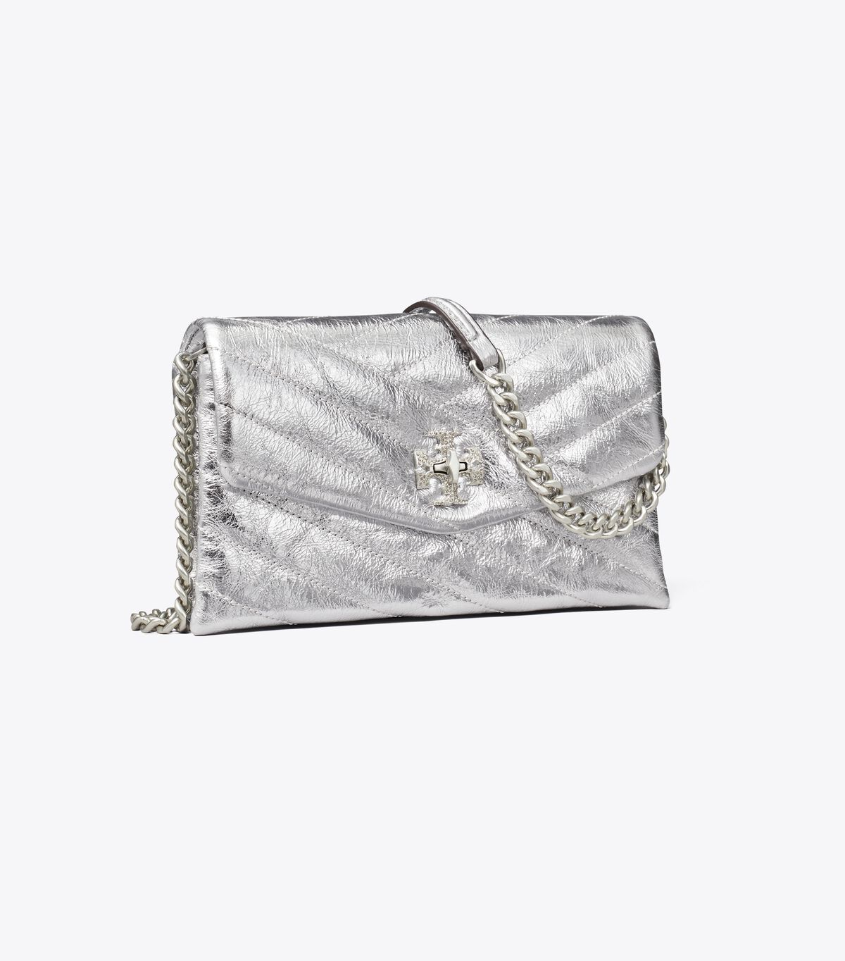 Tory Burch Silver Kira Chevron Metallic Pave Logo Crossbody Bags