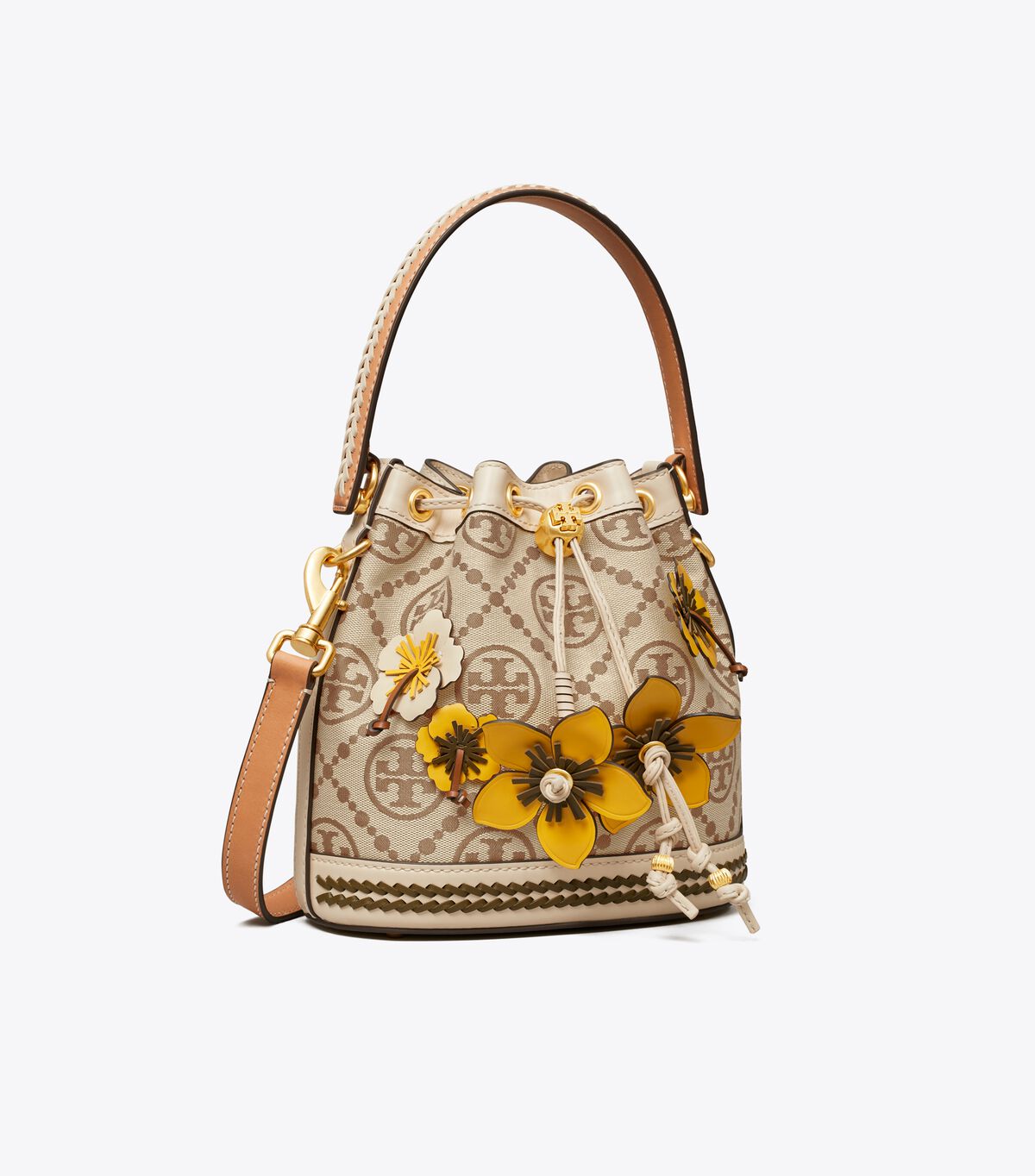 Tory Burch Brown T Monogram Braided Floral Bucket Bags