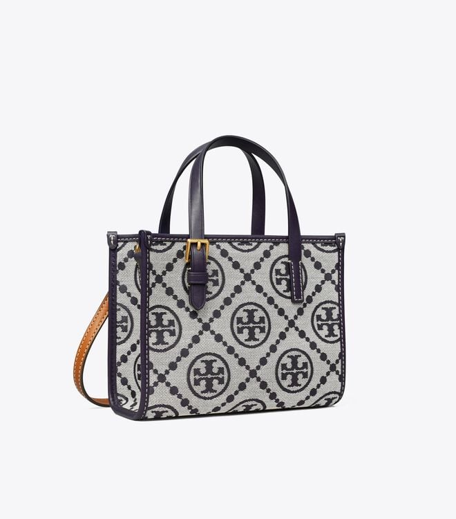 Tory Burch Navy Mini T Monogram Square Tote Bags