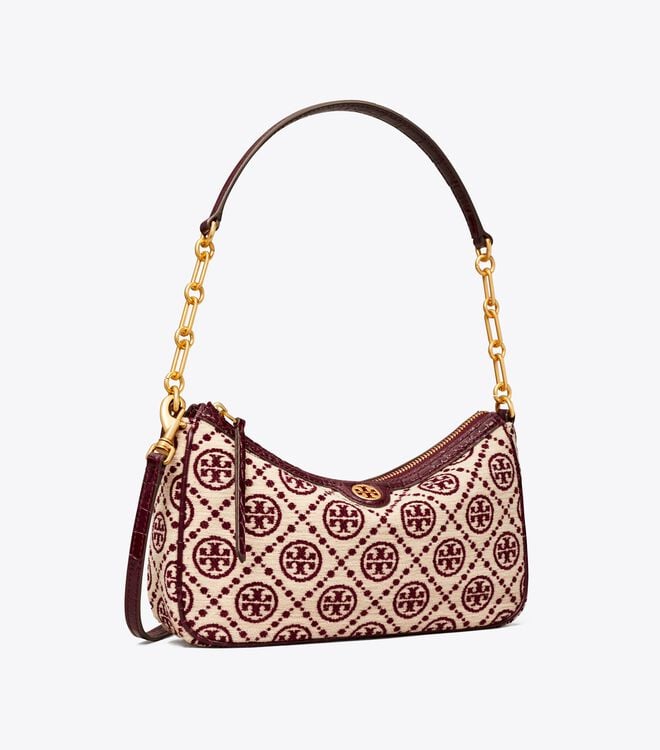 Tory Burch Claret / Cream T Monogram Chenille Shoulder Bags