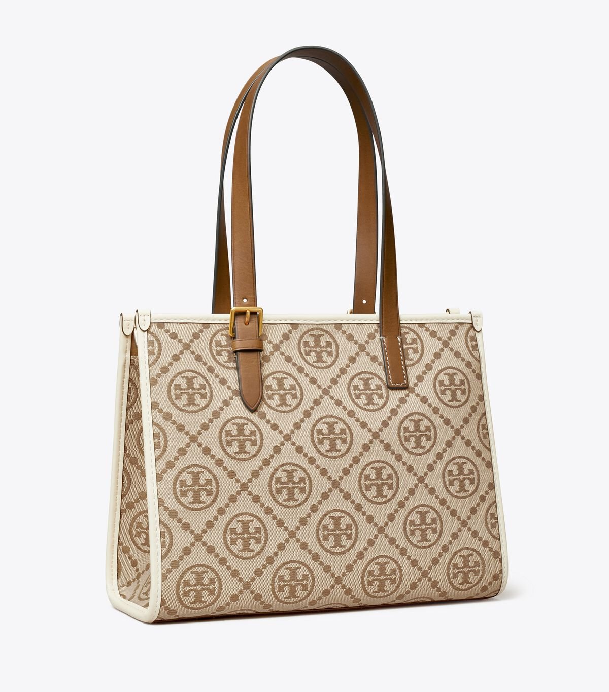 Tory Burch Brown / White Small T Monogram Tote Bags