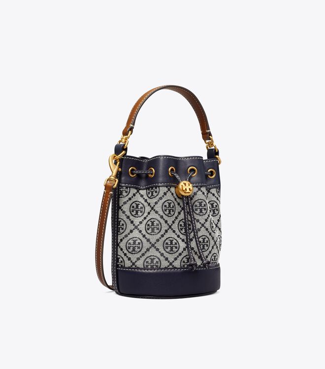 Tory Burch Navy Mini T Monogram Bucket Bags