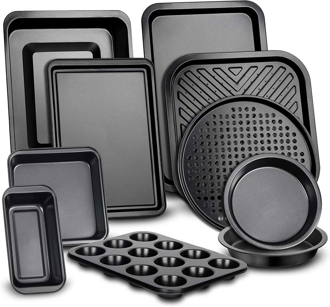 10-Piece Kitchen Oven Baking Pans - Deluxe Carbon Steel Bakeware Set with  Stylish Non-stick Gray Coating Inside and Out, Dishwasher Safe & PFOA,  PFOS, PTFE Free - Wilkoshop