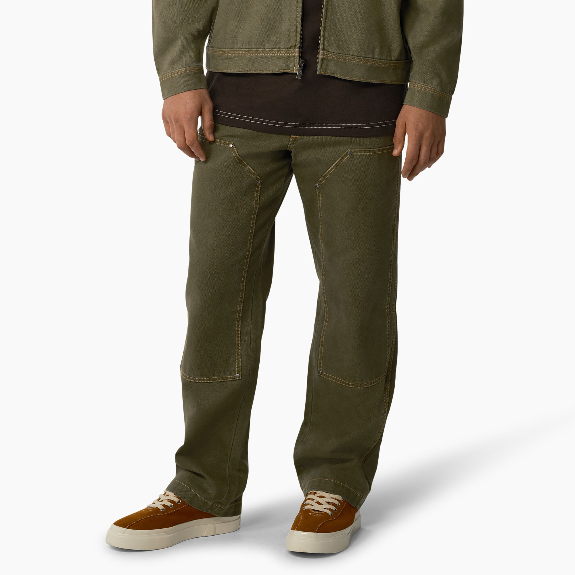Relaxed Fit Contrast Stitch Double Knee Duck Pants