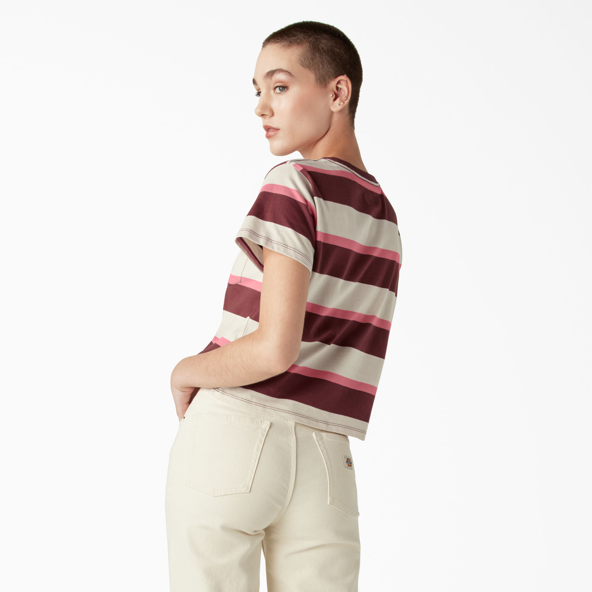 Women's Large Striped Cropped Pocket T-Shirt