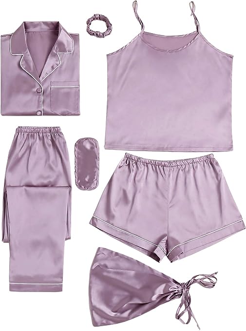 Women's Pajamas Set 7pcs Silk Satin Sleepwear Loungewear Cami Shirt Pj Set