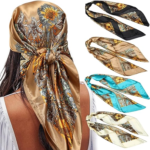 35” Satin Large Square Head Scarves - 4PCS Silk Like Neck Scarf Hair Sleeping Wraps Satin Silk Scarfs for Women