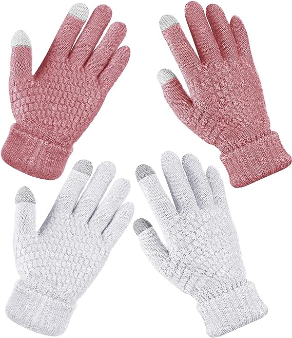 2 Pairs Women's Winter Touchscreen Gloves Warm Fleece Lined Knit Gloves Elastic Cuff Winter Texting Gloves