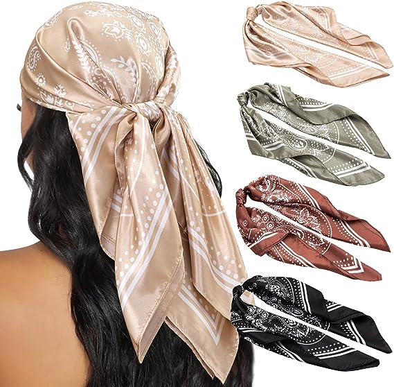 4PCS Head Scarf for Women 35” Head Scarves Silk Like Satin Neck Scarfs Square Bandana Hair Wraps Scarf for Sleeping