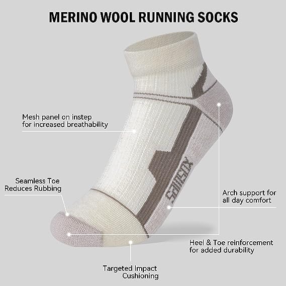 2-Pair Merino Wool Ankle Running Hiking Socks Cushioned Sport Socks for Men & Women