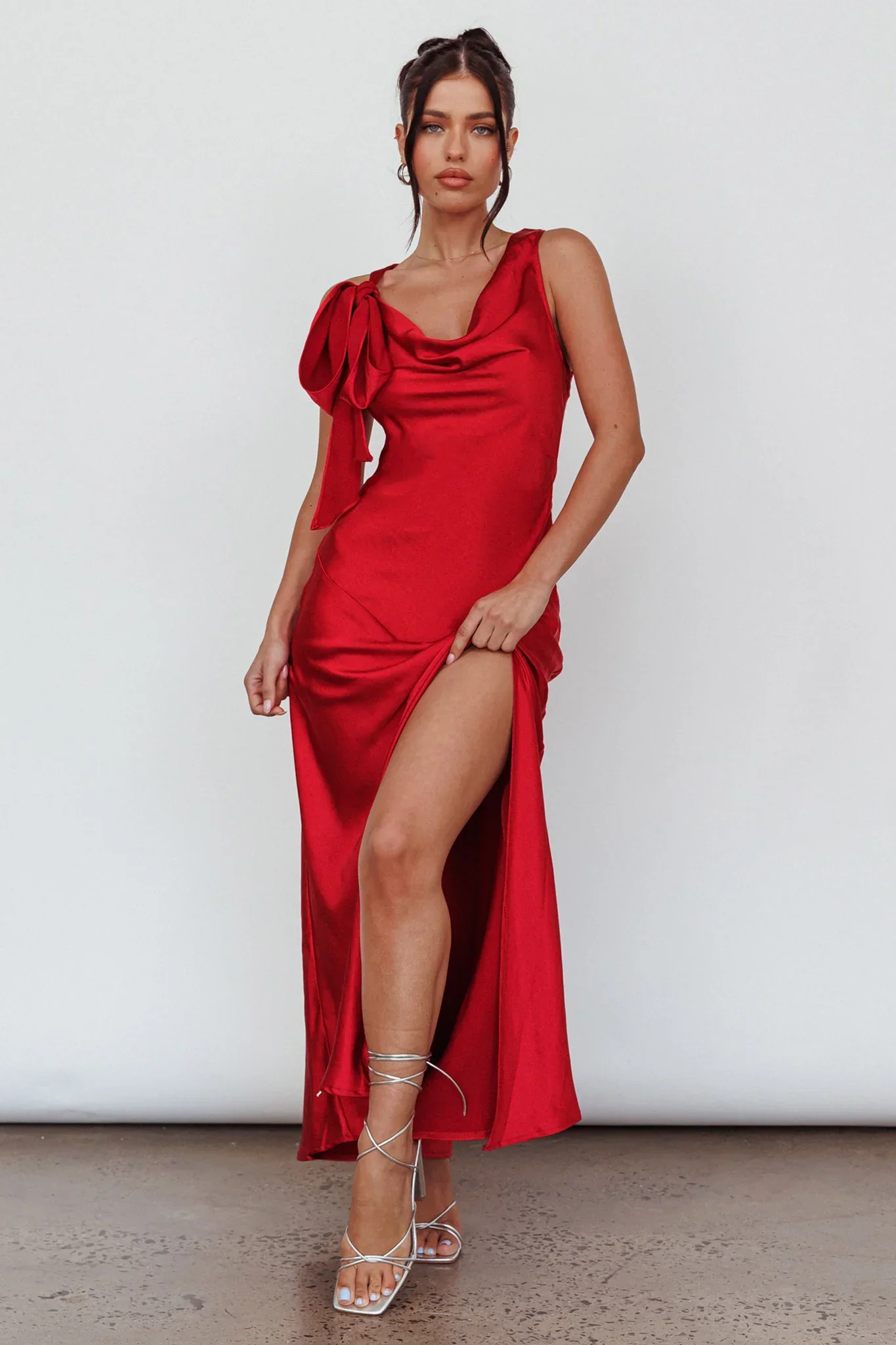 Averie Bow Shoulder Split Midi Dress Red
