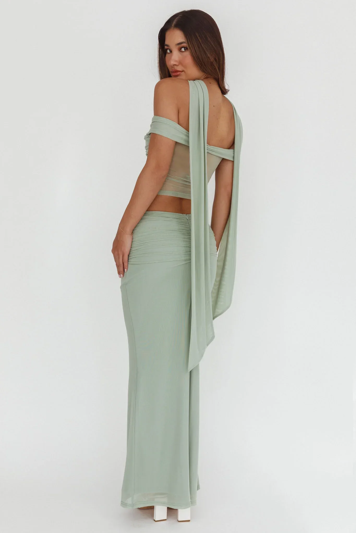 All The Lights Ruched Midi Skirt Sage