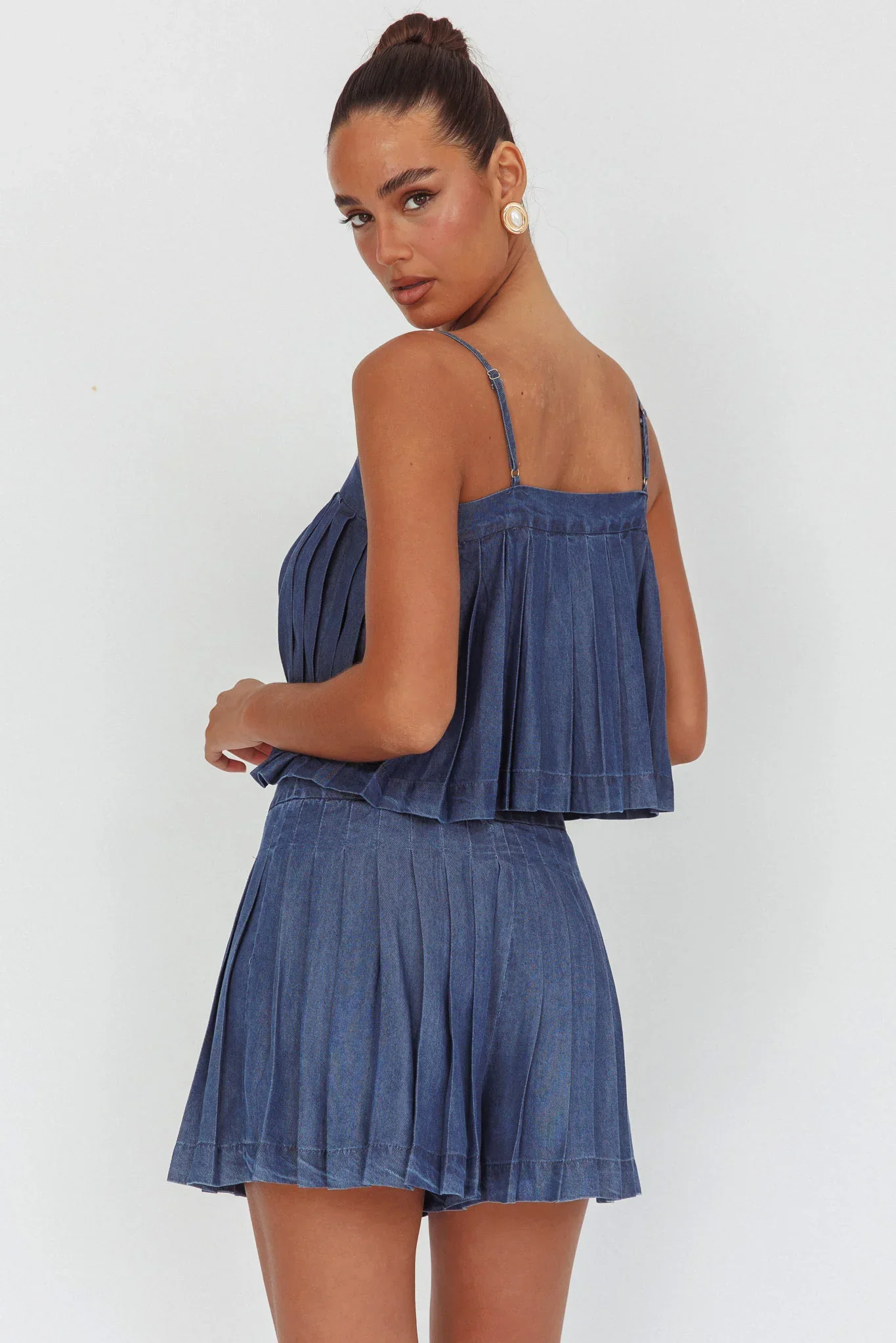 Country Girl Pleated High Waist Shorts Dark Denim