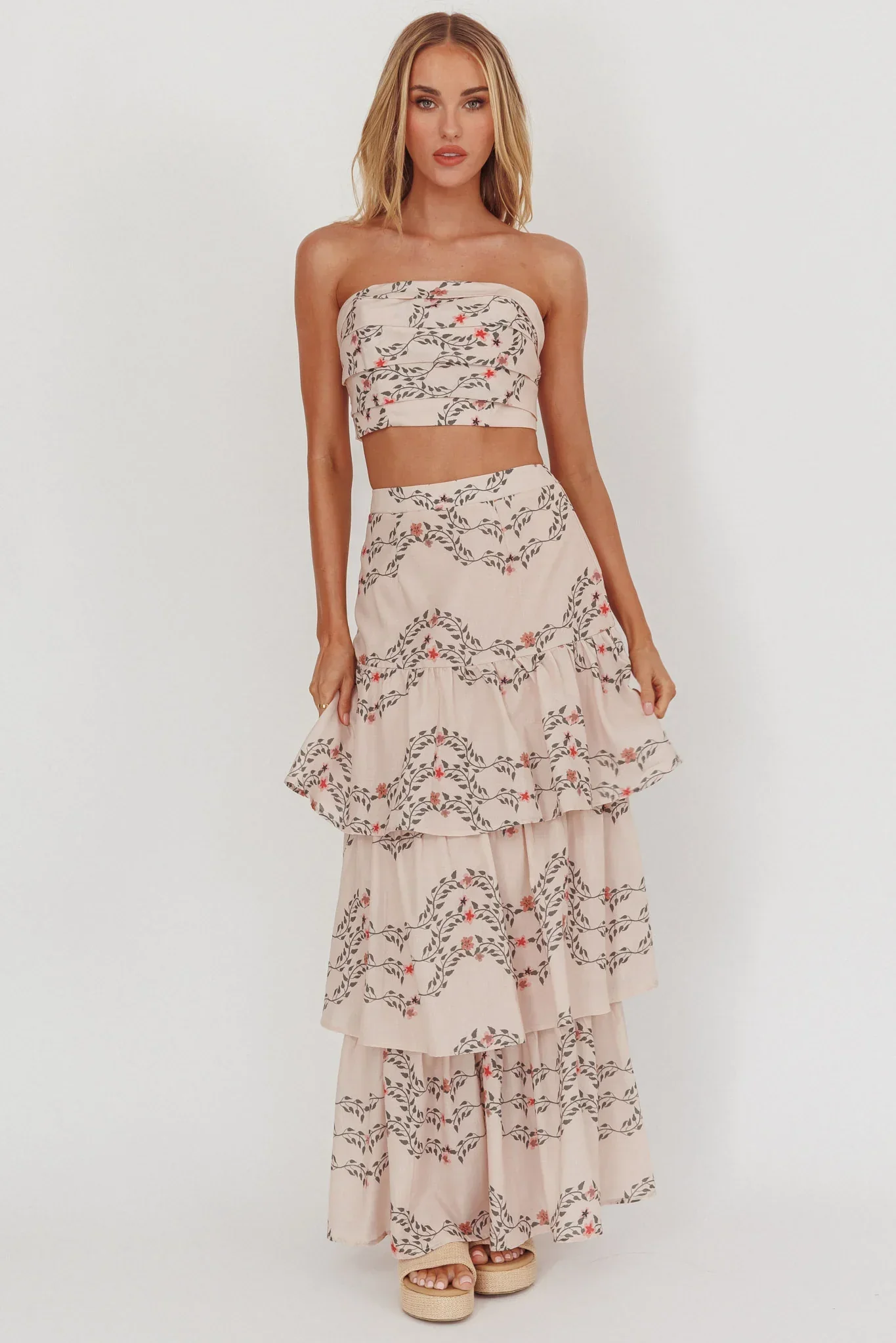 Ezmeralda Tiered Ruffle Maxi Skirt Floral Beige