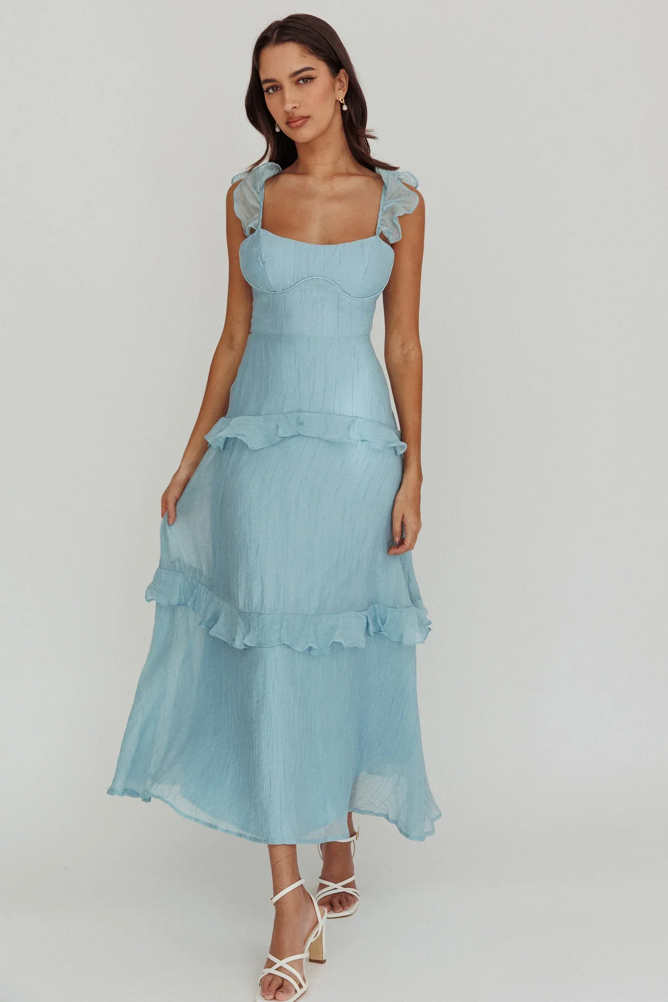 Moonlit Moment Ruffle Trim Lace-Up Back Maxi Dress Blue