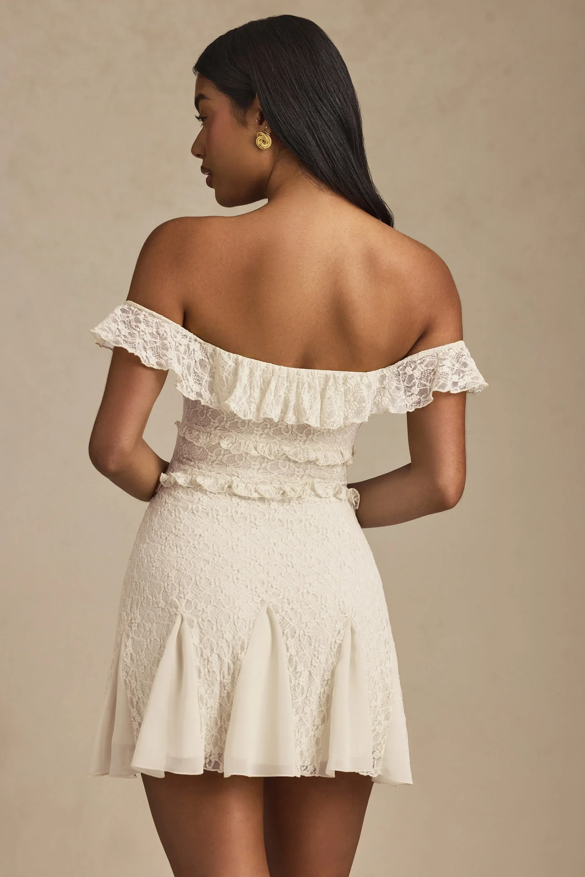 Off-Shoulder Lace A-Line Mini Dress in Ivory