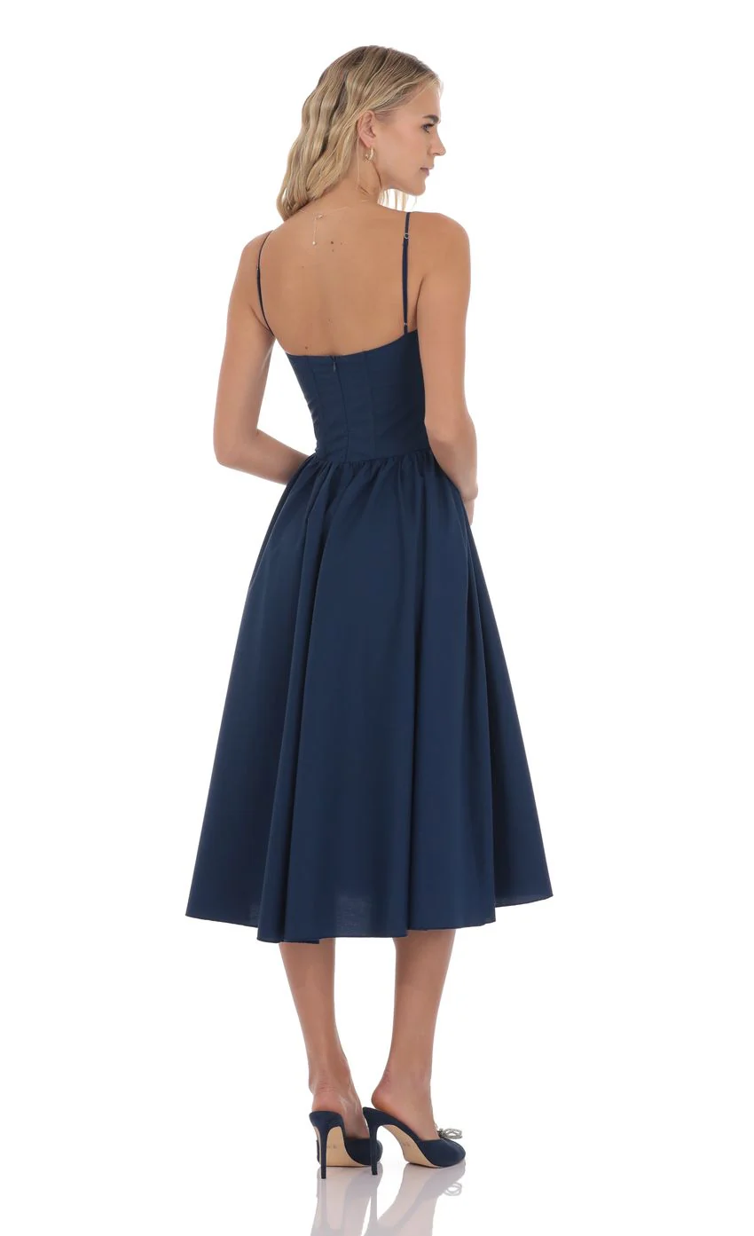 Corset V-Neck Midi Dress in Navy