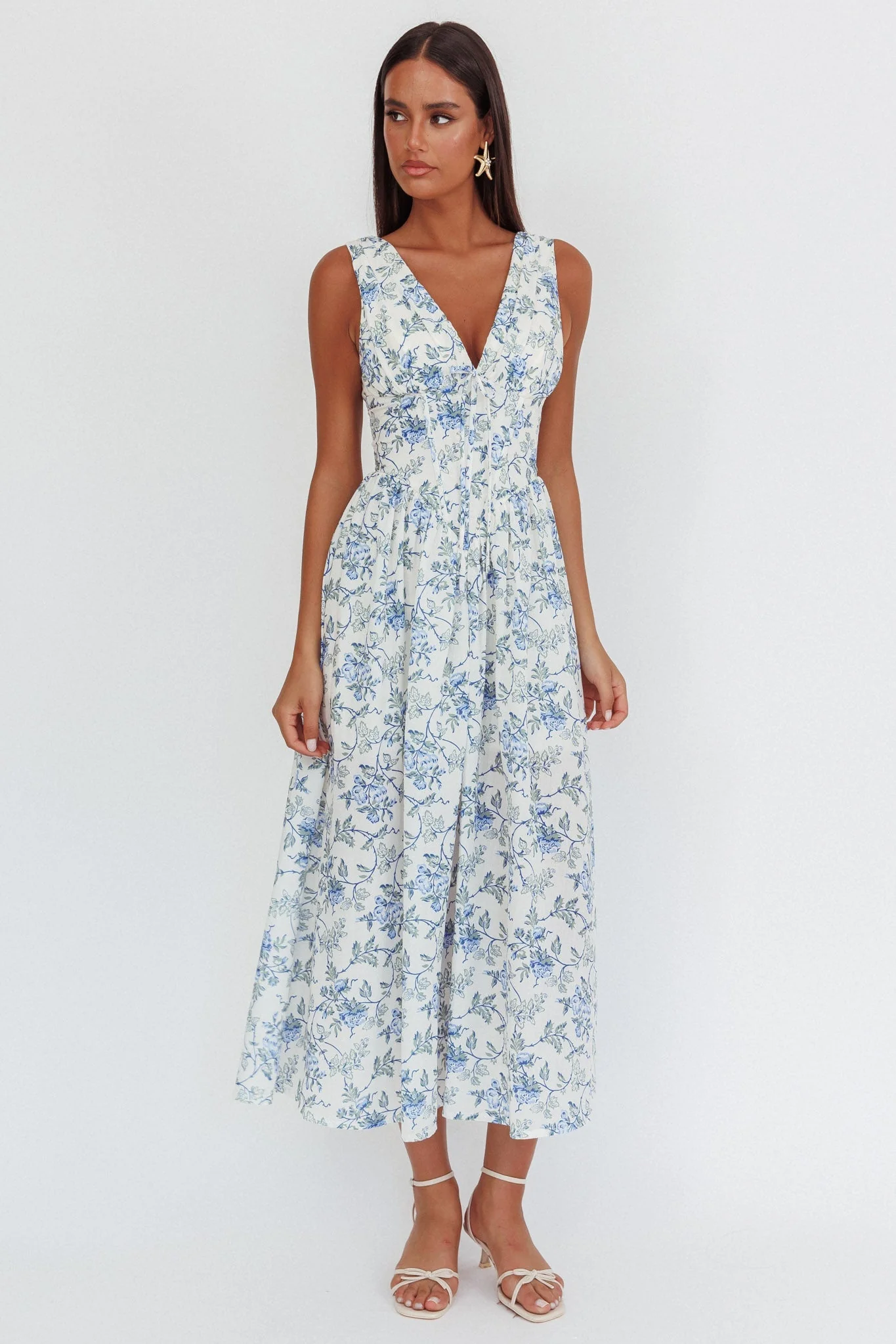 Spring Dawn Basque Waist Maxi Dress Floral Blue