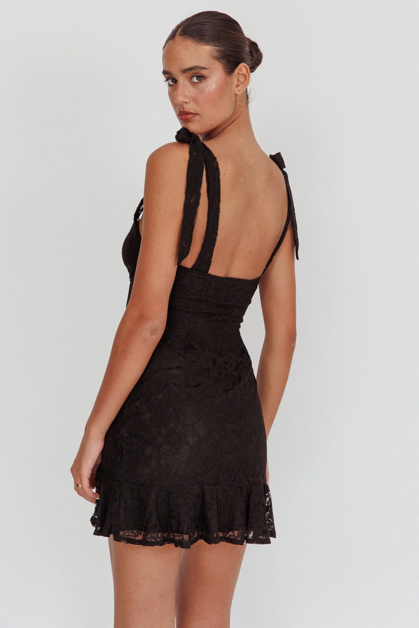Emine Bow Shoulder Lace Mini Dress Black