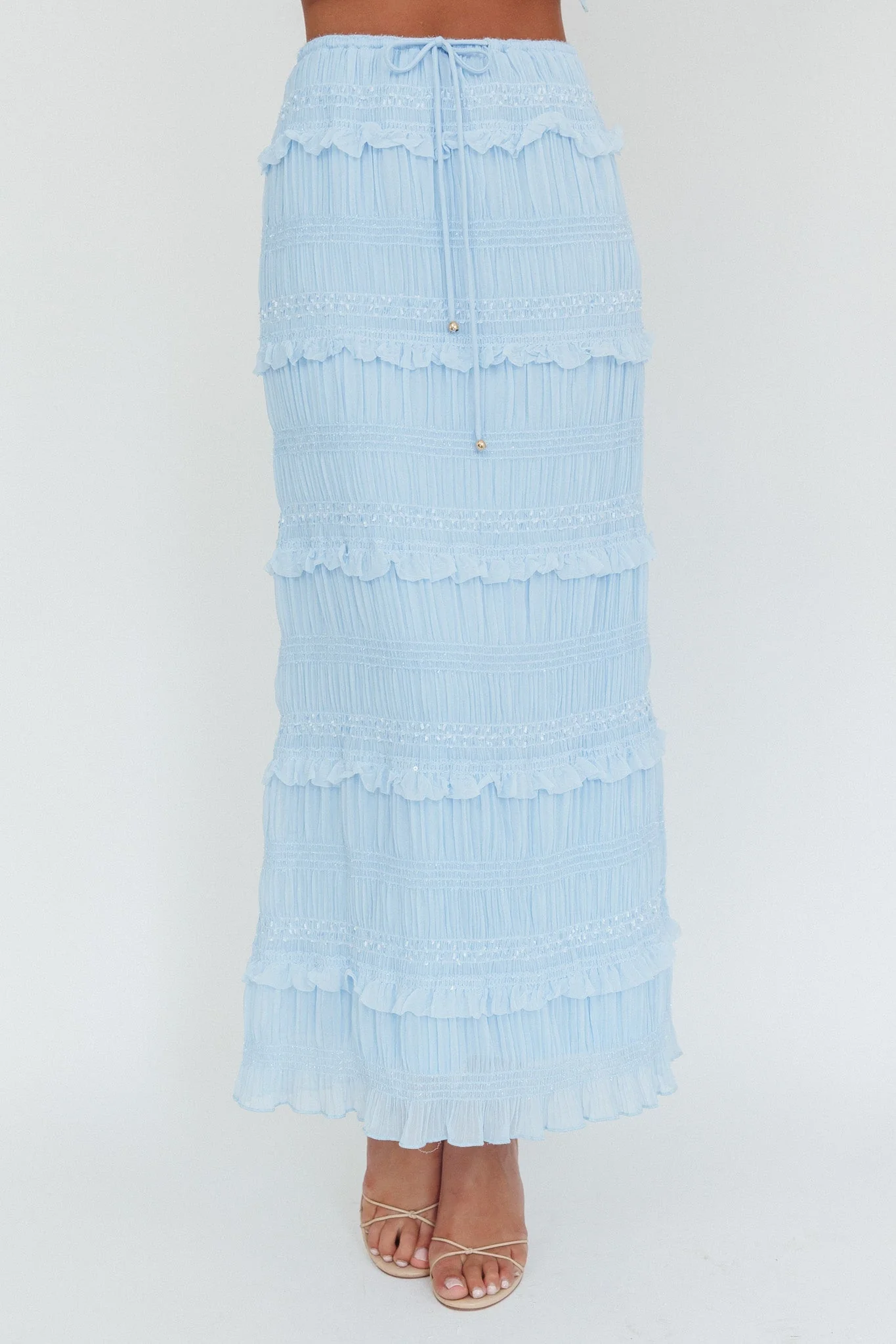 Helios Shirred Sequin Maxi Skirt Blue