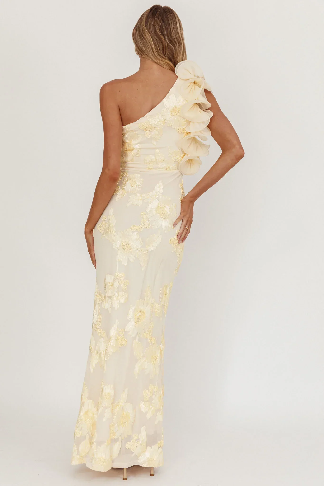 Deanna One-Shoulder Ruffle Maxi Dress Floral Texture Yellow