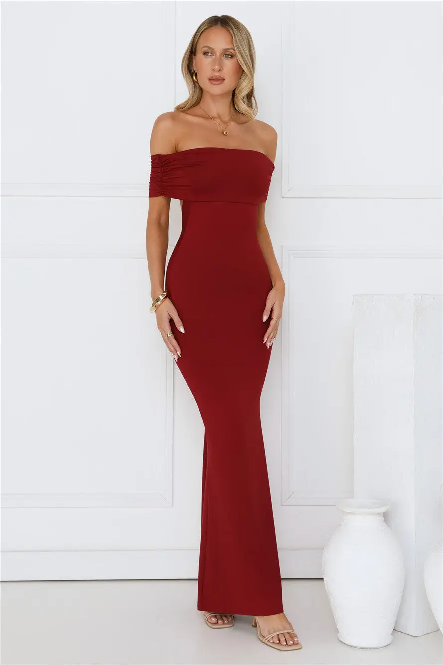 Vibe On Point Off Shoulder Maxi Dress Wine