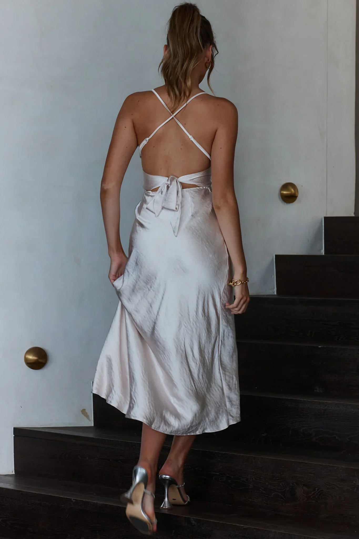 Lakoda Gathered Bust Bow Tie Back Midi Dress Champagne