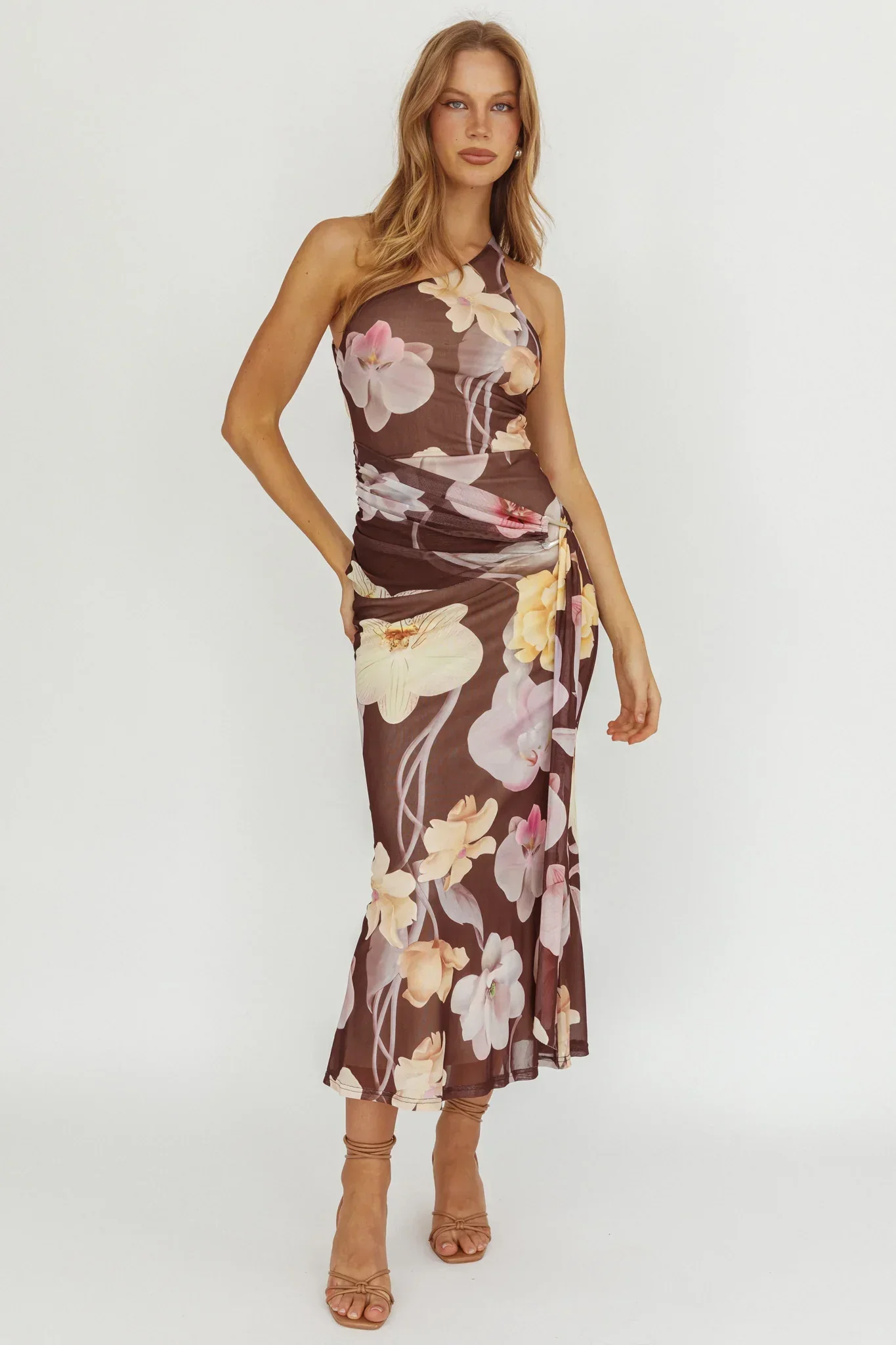 Kimbra Waist Sash Maxi Dress Floral Brown
