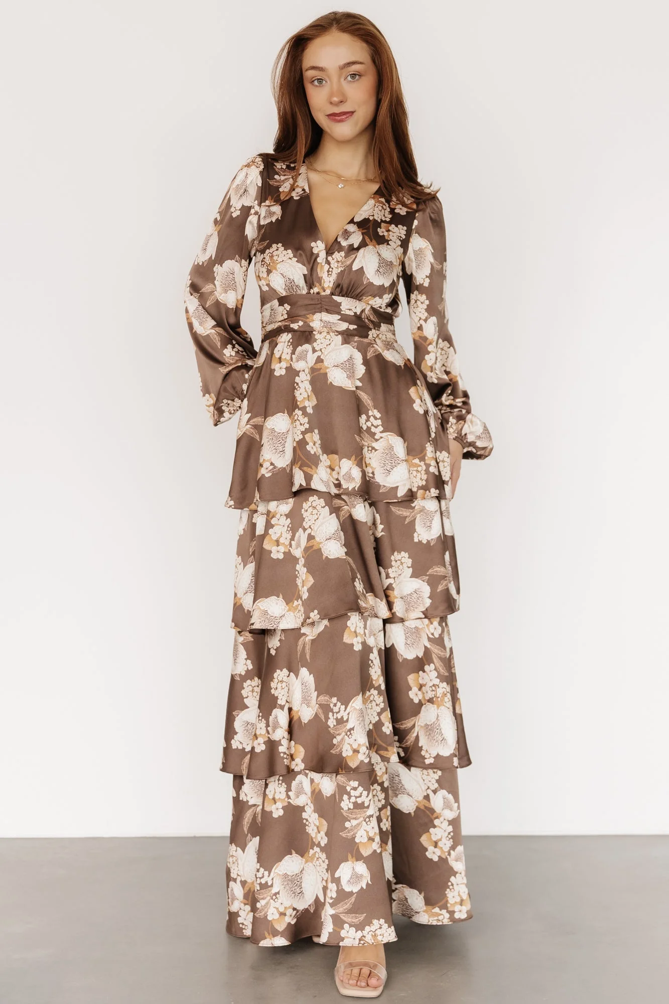 Montrouge Tiered Satin Dress | Mocha Floral