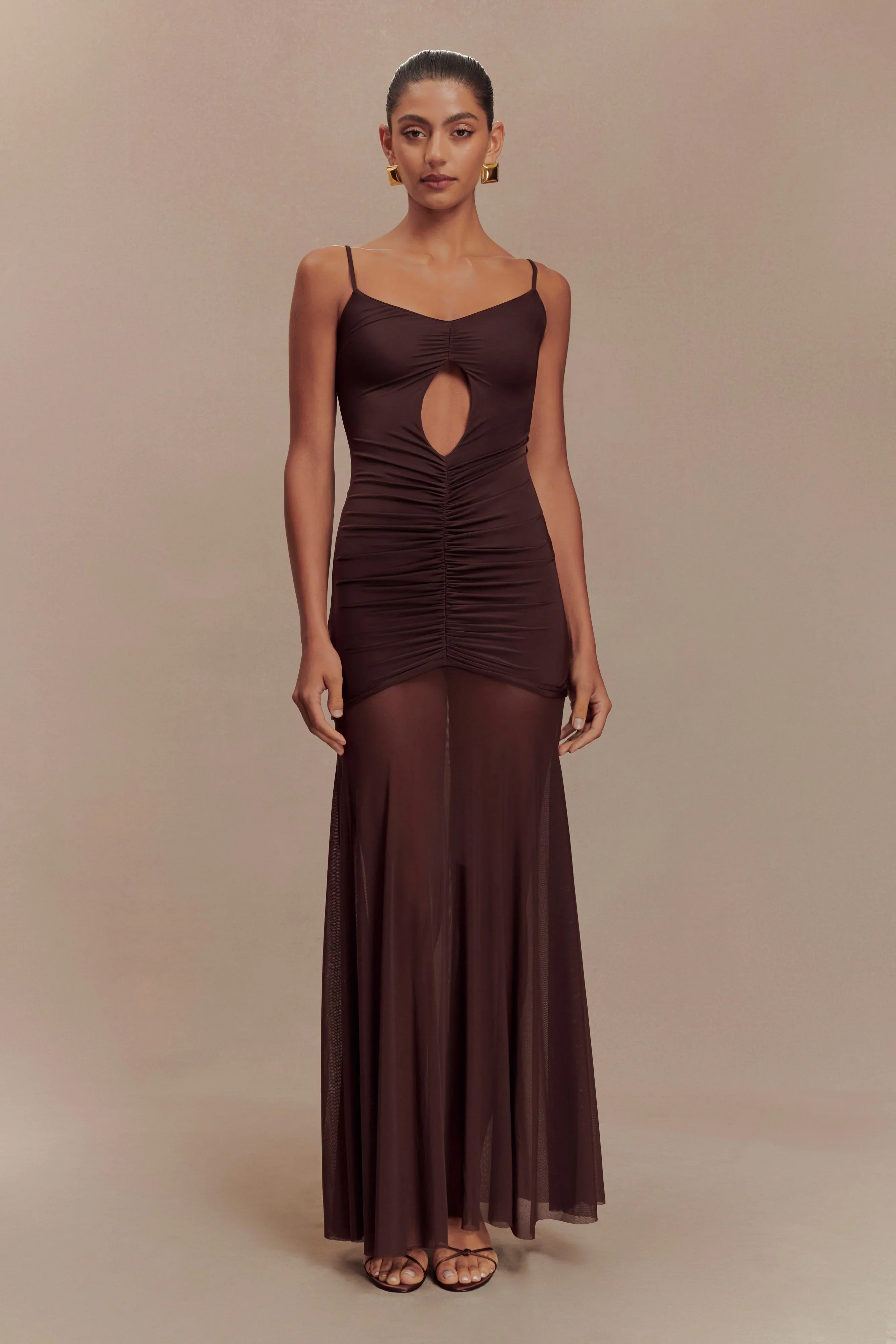 Delaney Slinky And Mesh Maxi Dress - Chocolate
