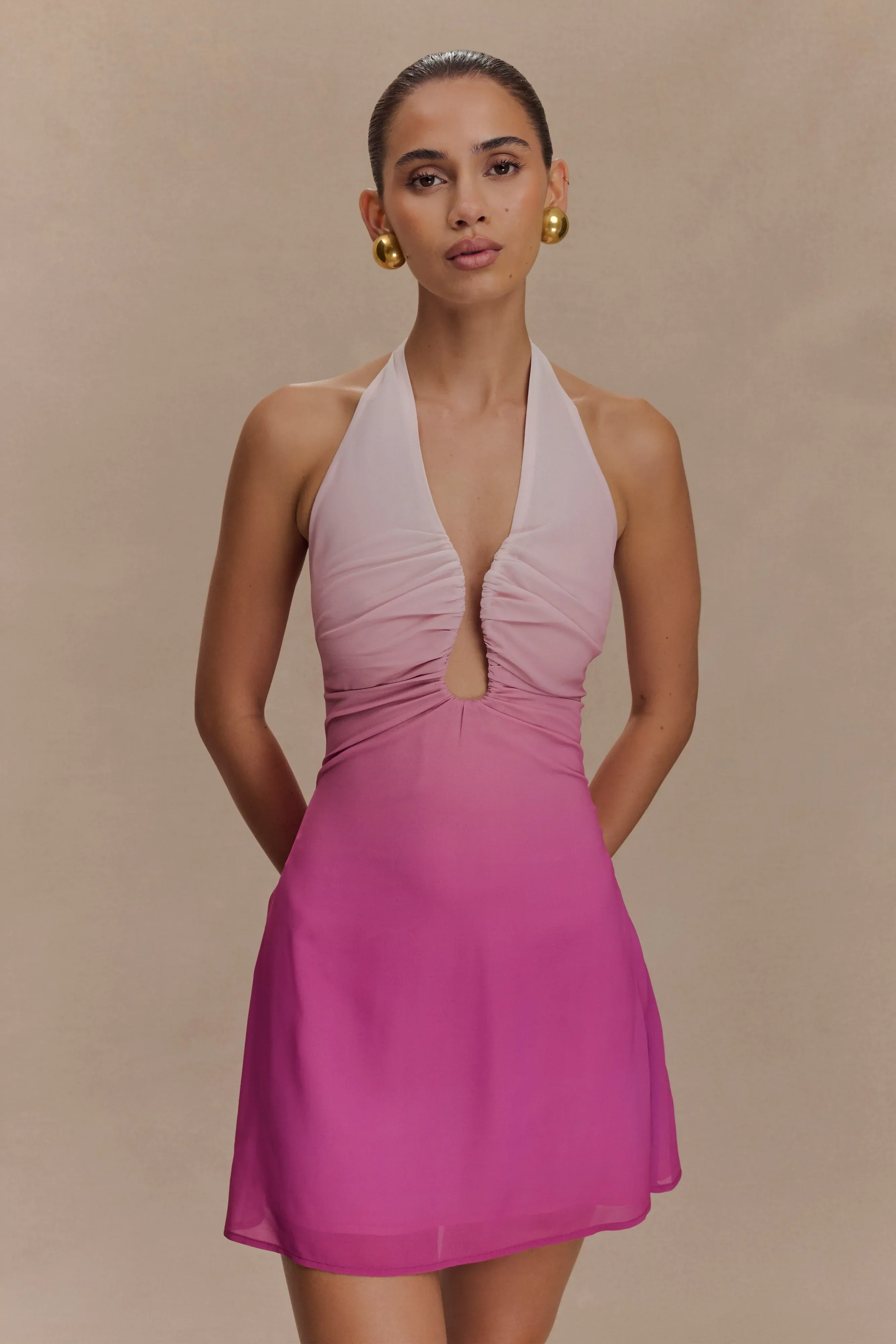 Malakhai Chiffon Halter Mini Dress - Ombre Pink