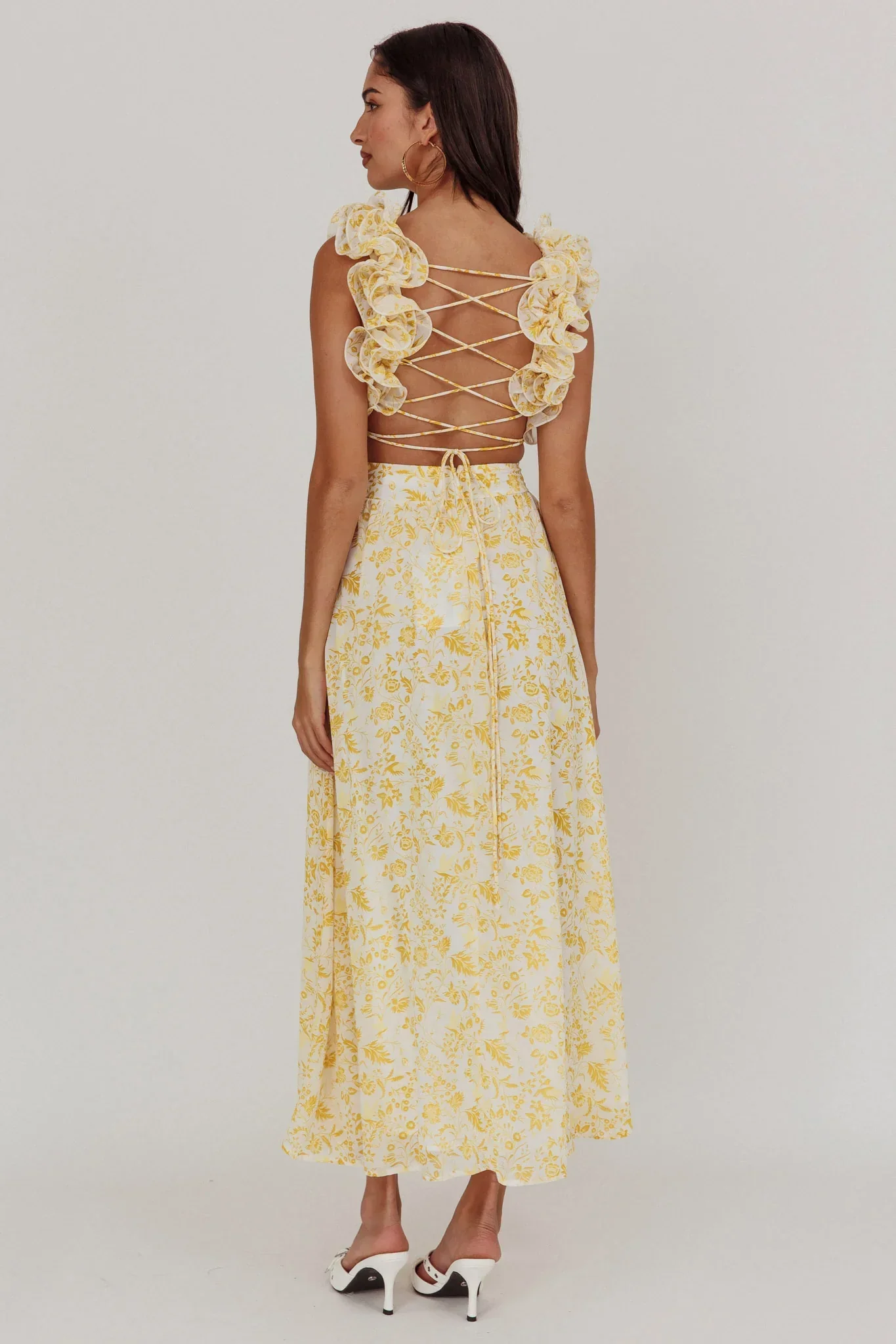 Madara Lace-Up Back Maxi Dress Floral Yellow