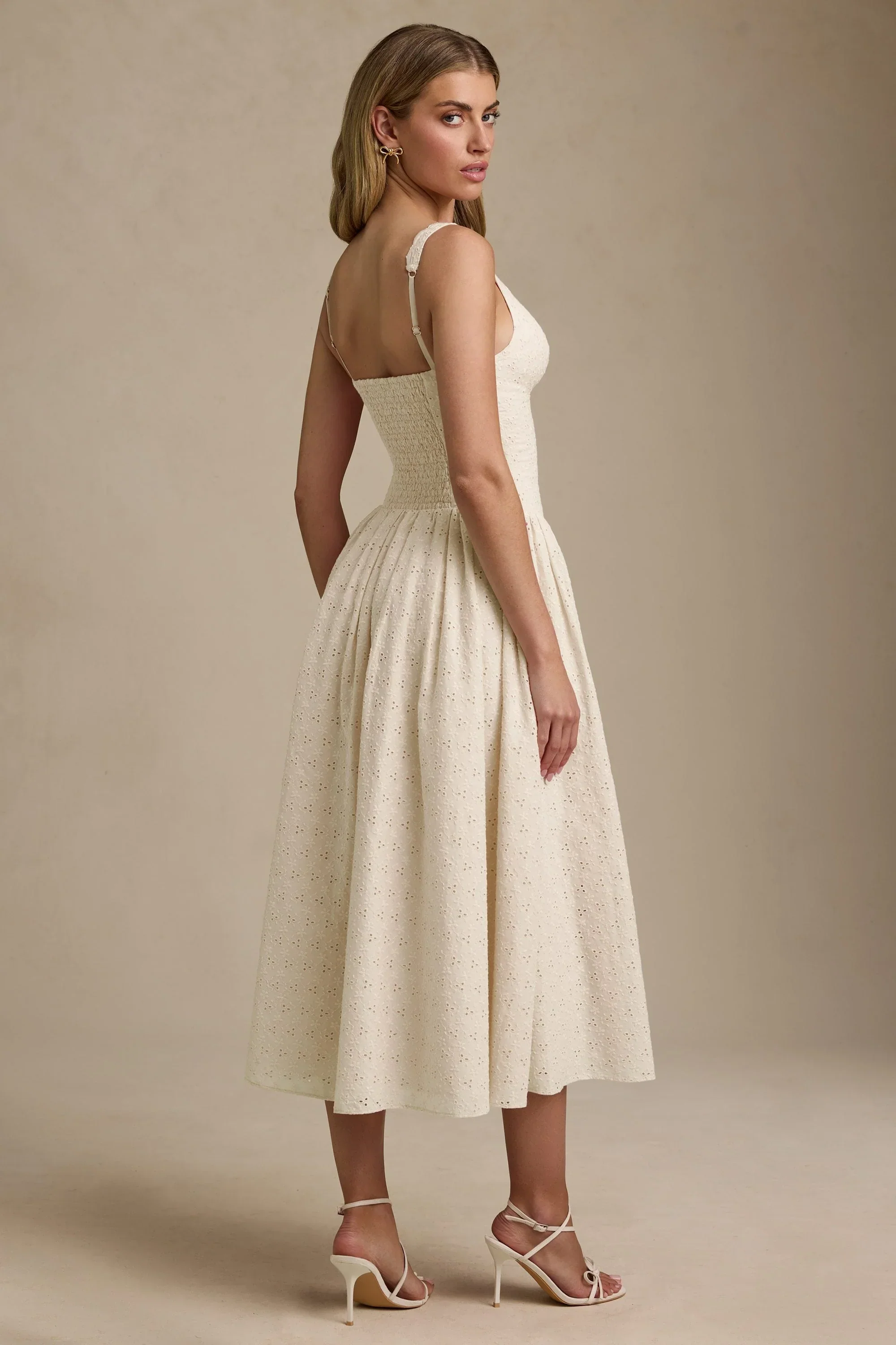 Broderie Anglaise Bow-Detail A-Line Midaxi Dress in Ivory