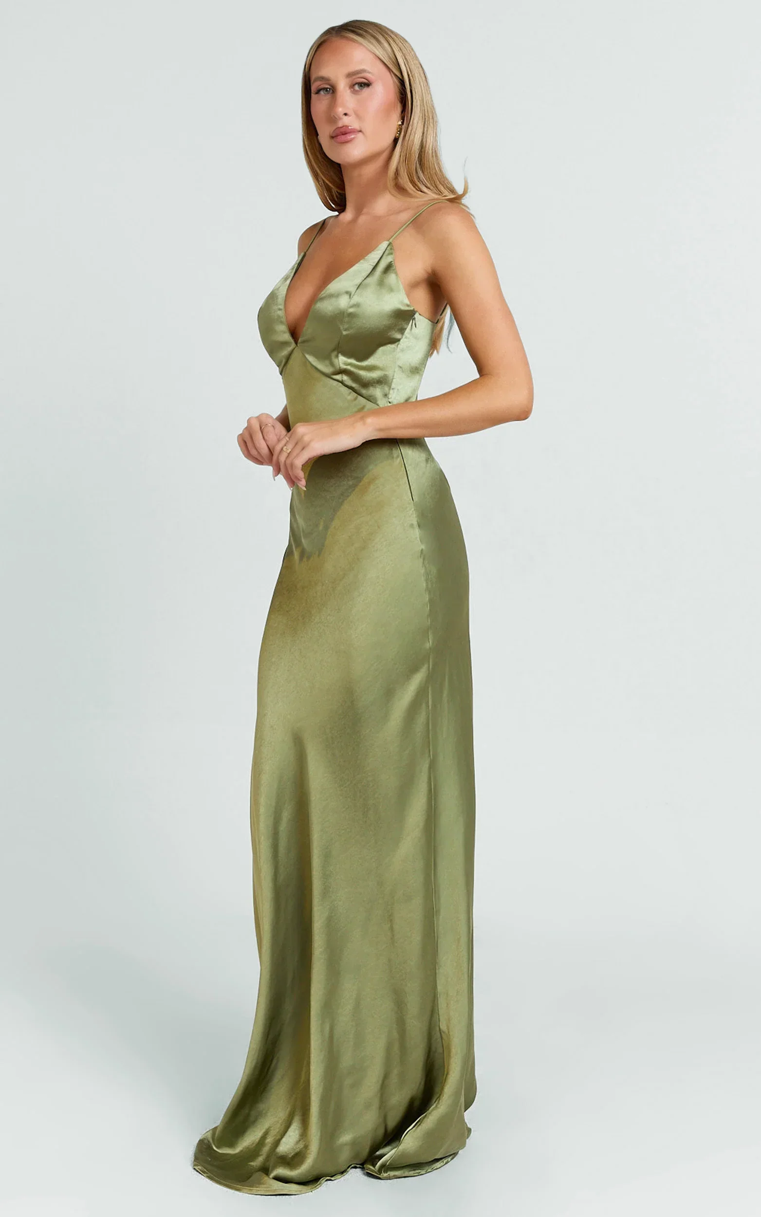 Quincy Maxi Dress Satin Slip Dress in Olive